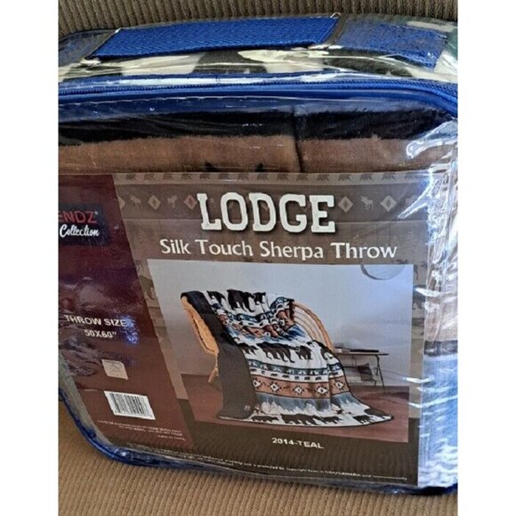 New Teal Lodge Plush Fleece Throw Gift Blanket Sherpa Rustic Cabin Moose Bear - Picture 5 of 5